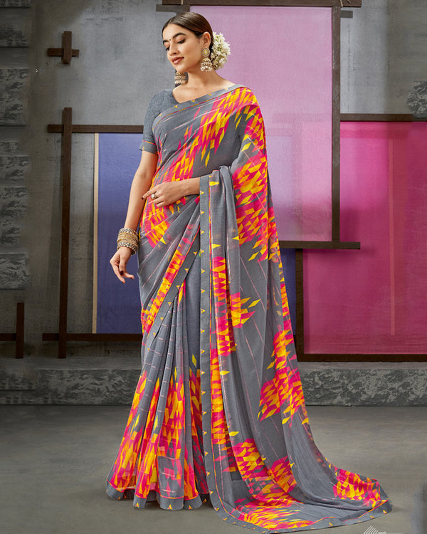 Vishal Prints Charcoal Grey Printed Fancy Chiffon Saree With Border