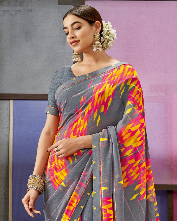 Vishal Prints Charcoal Grey Printed Fancy Chiffon Saree With Border