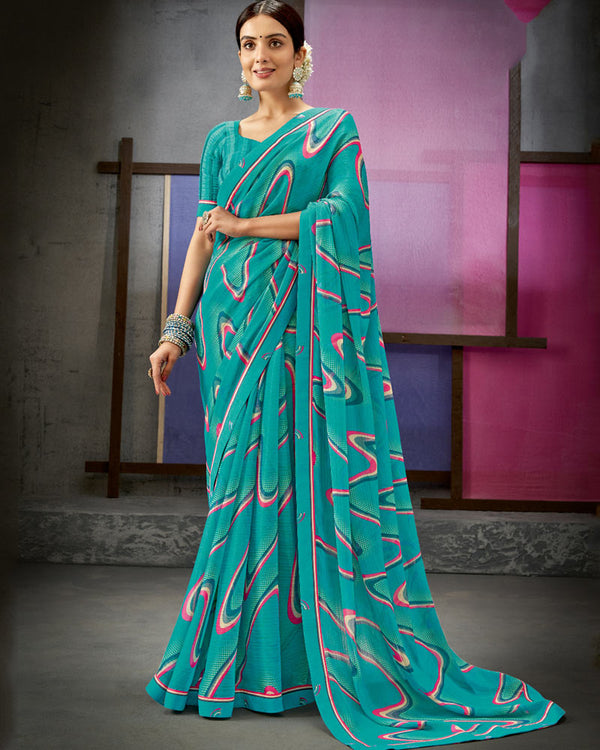 Vishal Prints Teal Blue Printed Fancy Chiffon Saree With Border