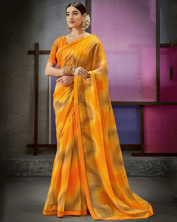 Vishal Prints Orange Printed Fancy Chiffon Saree With Border