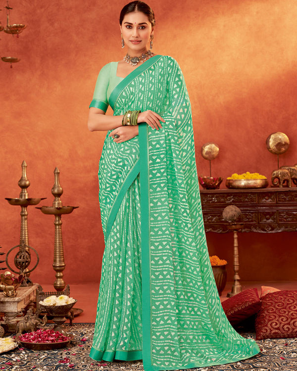 Vishal Prints Aqua Green Printed Fancy Chiffon Saree With Fancy Border