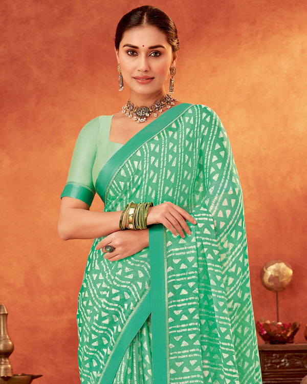 Vishal Prints Aqua Green Printed Fancy Chiffon Saree With Fancy Border