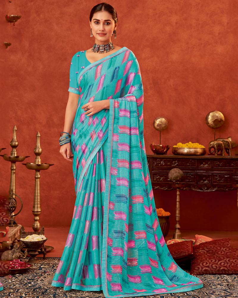 Vishal Prints Dark Turquoise Blue Printed Fancy Chiffon Saree With Fancy Border