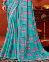 Vishal Prints Dark Turquoise Blue Printed Fancy Chiffon Saree With Fancy Border