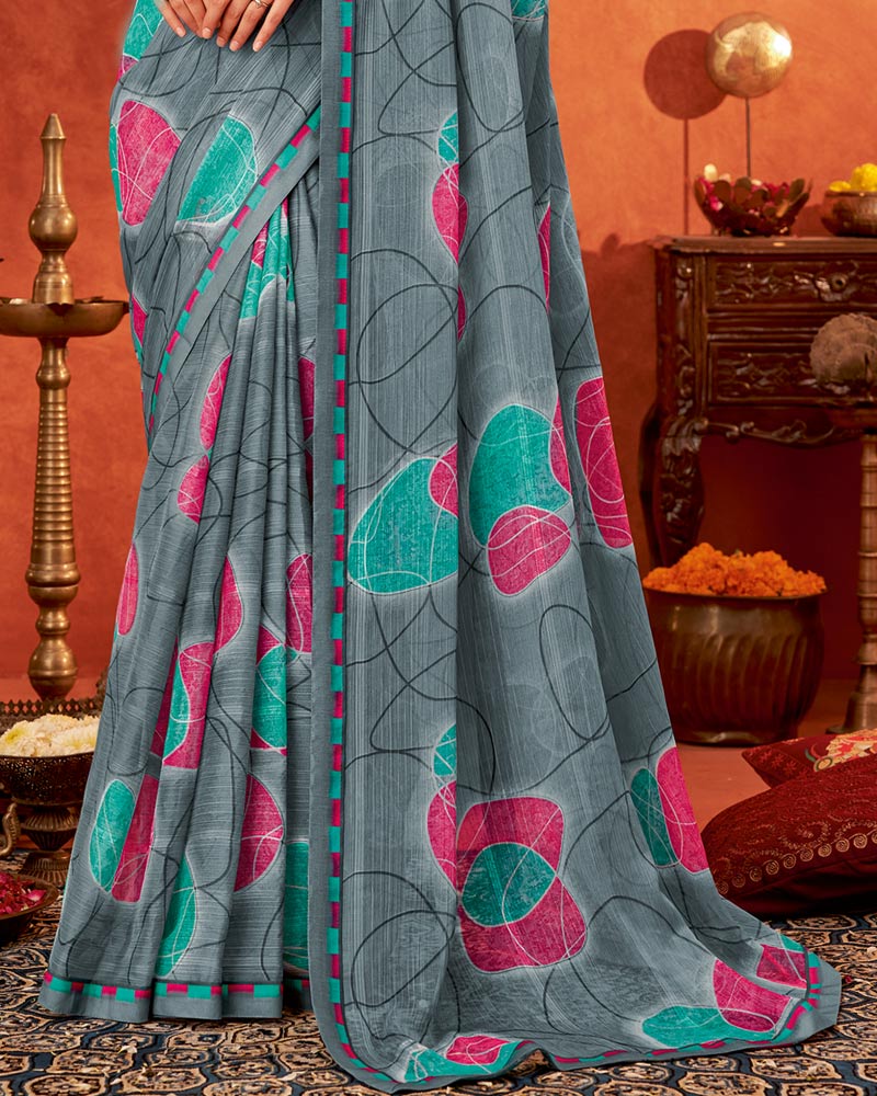 Vishal Prints Charcoal Grey Printed Fancy Chiffon Saree With Fancy Border