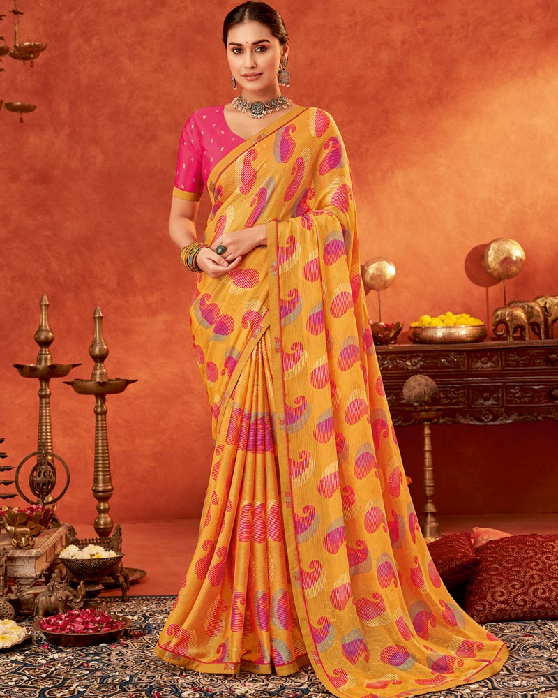 Vishal Prints Saffron Color Printed Fancy Chiffon Saree With Fancy Border