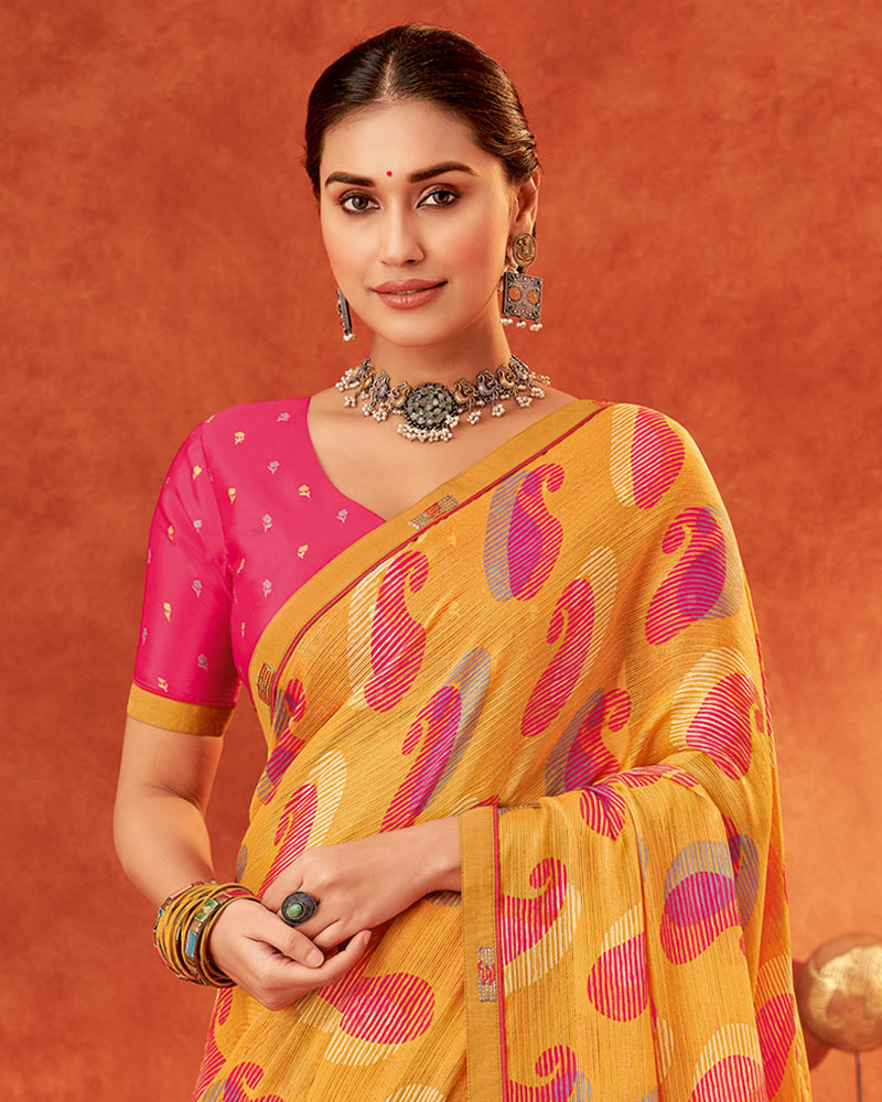 Vishal Prints Saffron Color Printed Fancy Chiffon Saree With Fancy Border