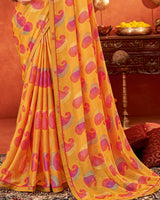 Vishal Prints Saffron Color Printed Fancy Chiffon Saree With Fancy Border