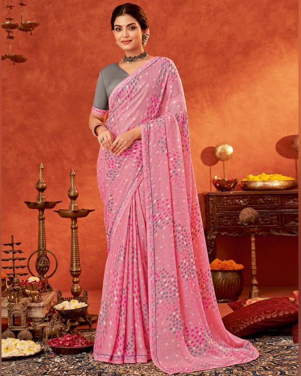 Vishal Prints Pink Printed Fancy Chiffon Saree With Fancy Border