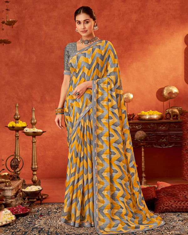 Vishal Prints Slate Grey Printed Fancy Chiffon Saree With Fancy Border