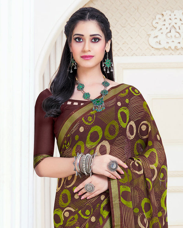 Vishal Prints Brown Patterned Georgette Printed Saree With Fancy Border