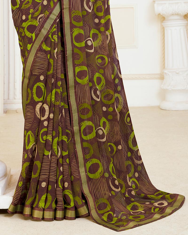 Vishal Prints Brown Patterned Georgette Printed Saree With Fancy Border