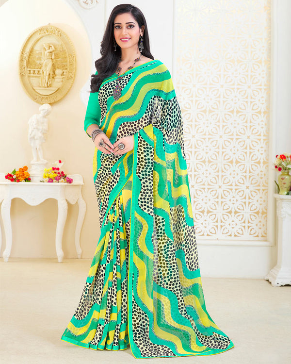 Vishal Prints Turquoise Patterned Georgette Printed Saree With Fancy Border