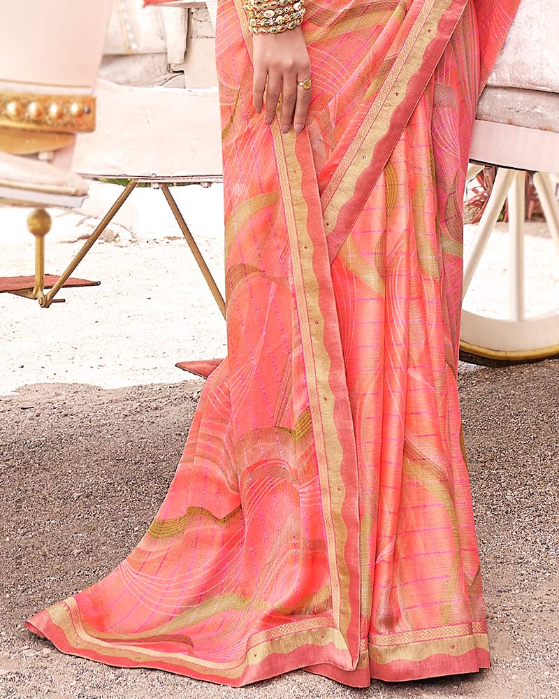 Vishal Prints Pastel Red Digital Print Brasso Saree With Fancy Border