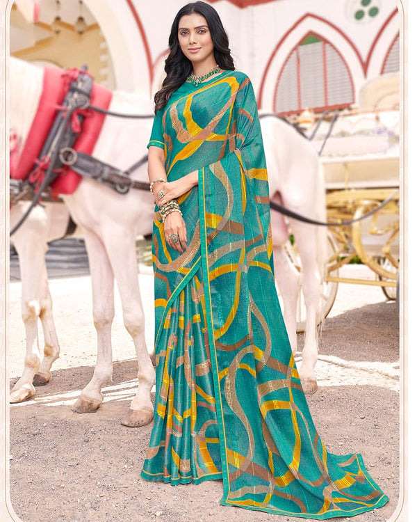 Vishal Prints Teal Green Digital Print Brasso Saree With Fancy Border