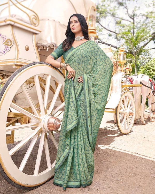 Vishal Prints Turquoise Green Digital Print Brasso Saree With Fancy Border