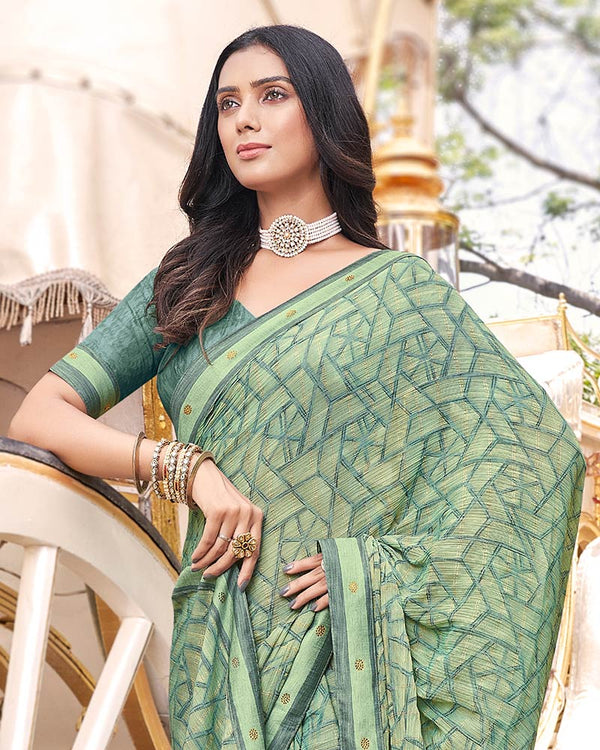 Vishal Prints Turquoise Green Digital Print Brasso Saree With Fancy Border