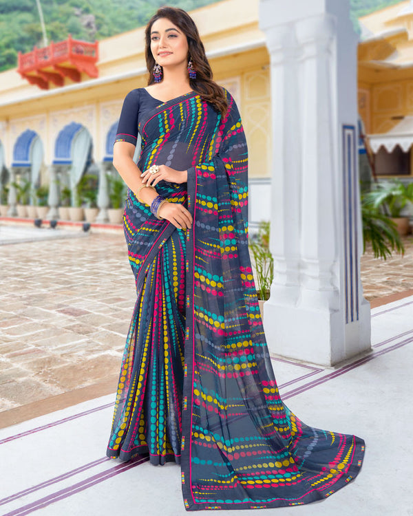 Vishal Prints Navy Blue Printed Georgette Saree With Border