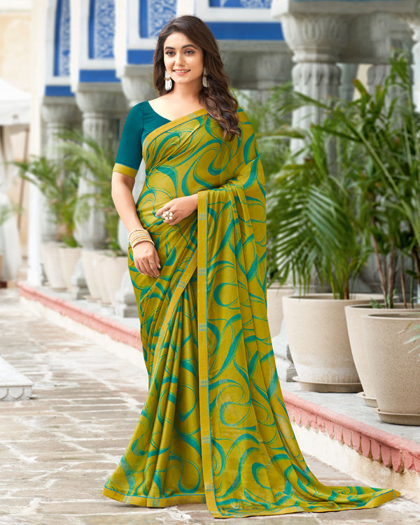 Vishal Prints Olive Green Printed Georgette Saree With Border