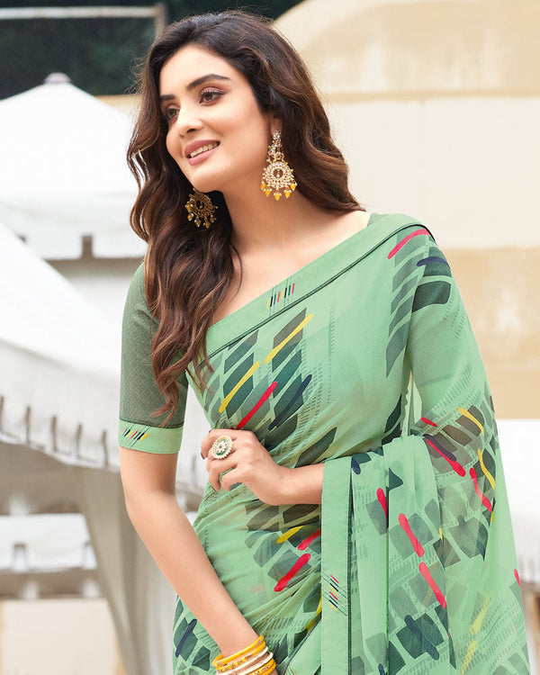 Vishal Prints Turquoise Green Printed Georgette Saree With Border