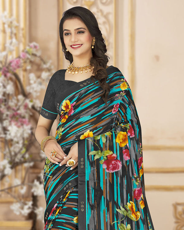 Vishal Prints Black Printed Chiffon Saree With Satin Border