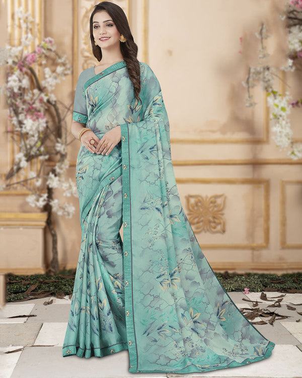 Vishal Prints Aqua Green Printed Chiffon Saree With Satin Border