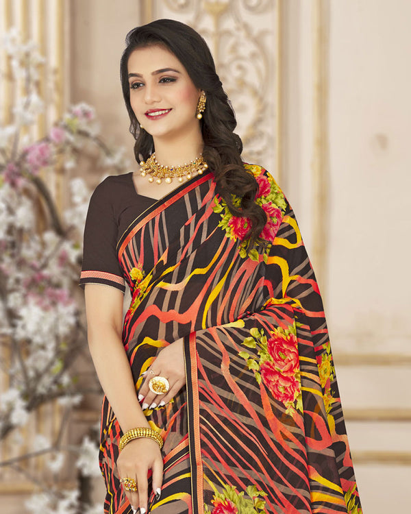 Vishal Prints Brown Printed Chiffon Saree With Satin Border