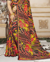 Vishal Prints Brown Printed Chiffon Saree With Satin Border