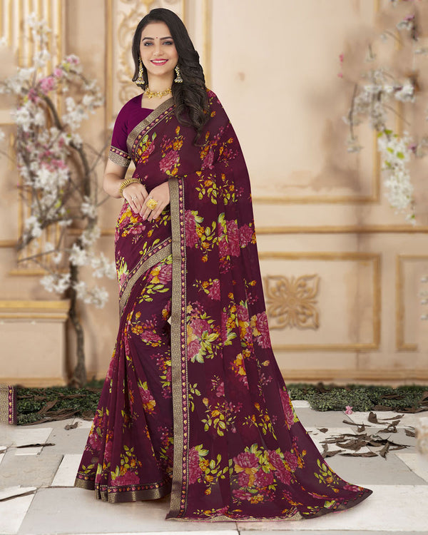 Vishal Prints Wine Printed Chiffon Saree With Zari Border