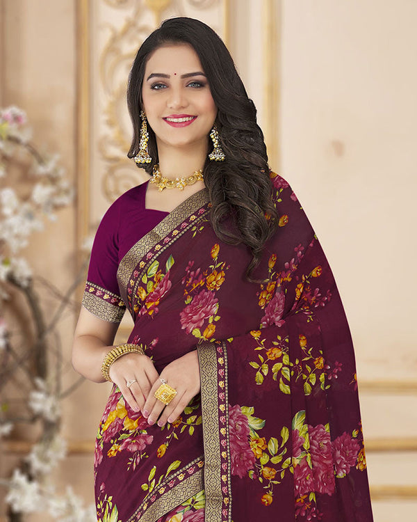 Vishal Prints Wine Printed Chiffon Saree With Zari Border