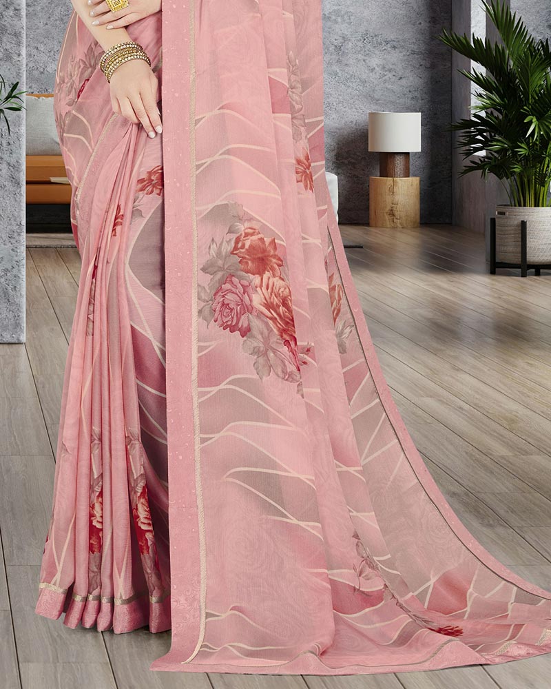 Vishal Prints Rose Pink Printed Chiffon Saree With Border