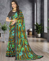 Vishal Prints Rock Brown Printed Chiffon Saree With Border