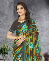 Vishal Prints Rock Brown Printed Chiffon Saree With Border