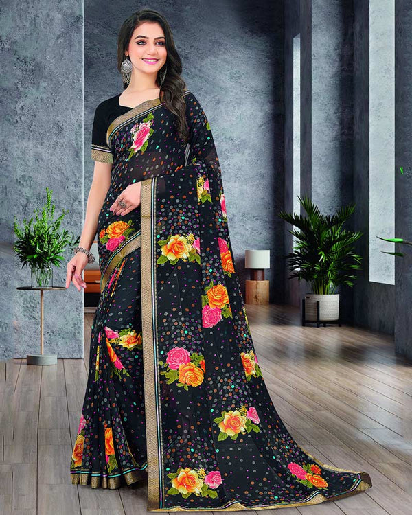 Vishal Prints Black Printed Chiffon Saree With Border