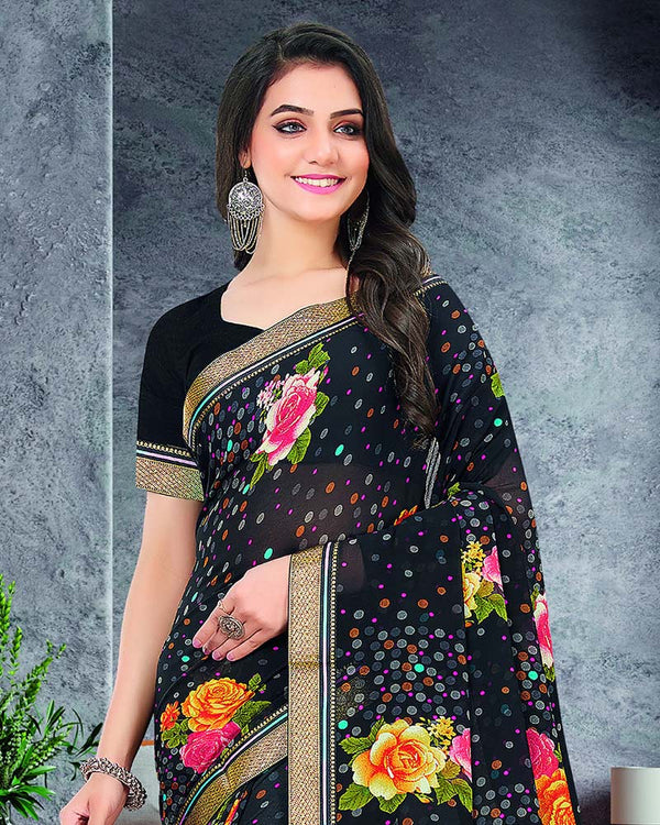 Vishal Prints Black Printed Chiffon Saree With Border