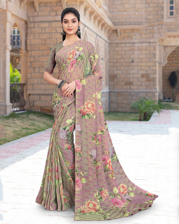 Vishal Prints Dusty Pink Printed Digital Print Fancy Chiffon Saree With Core Piping