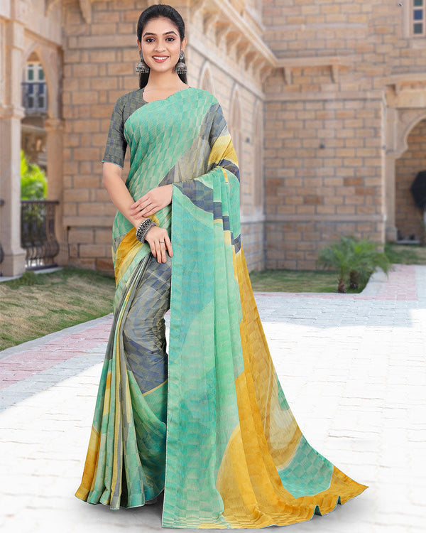 Vishal Prints Light Teal Green Printed Digital Print Fancy Chiffon Saree With Core Piping