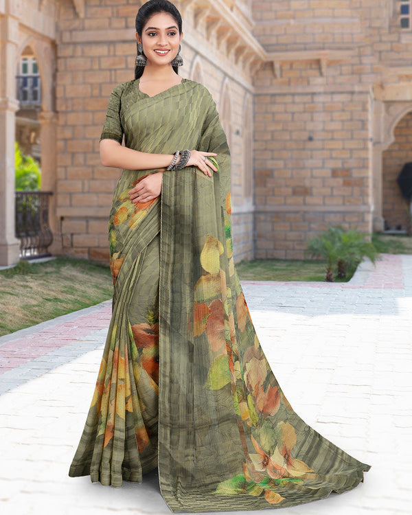 Vishal Prints Sage Green Printed Digital Print Fancy Chiffon Saree With Core Piping