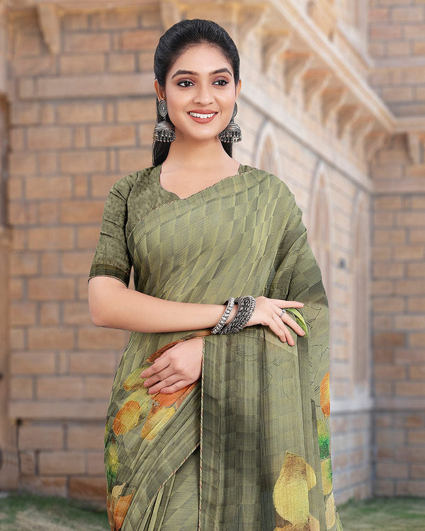 Vishal Prints Sage Green Printed Digital Print Fancy Chiffon Saree With Core Piping