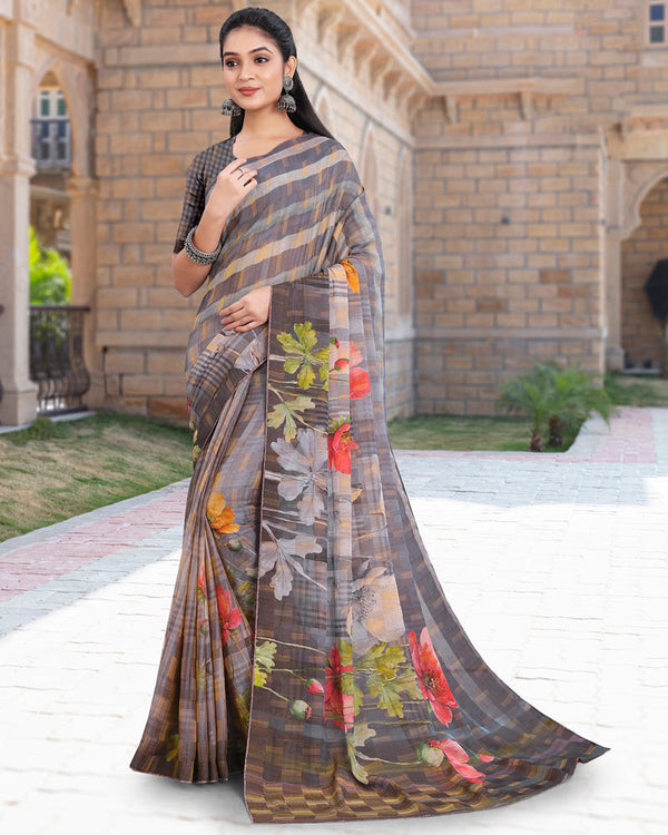 Vishal Prints Mobster Violet Printed Digital Print Fancy Chiffon Saree With Core Piping