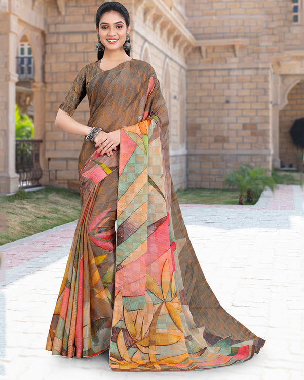 Vishal Prints Leather Yellow Printed Digital Print Fancy Chiffon Saree With Core Piping