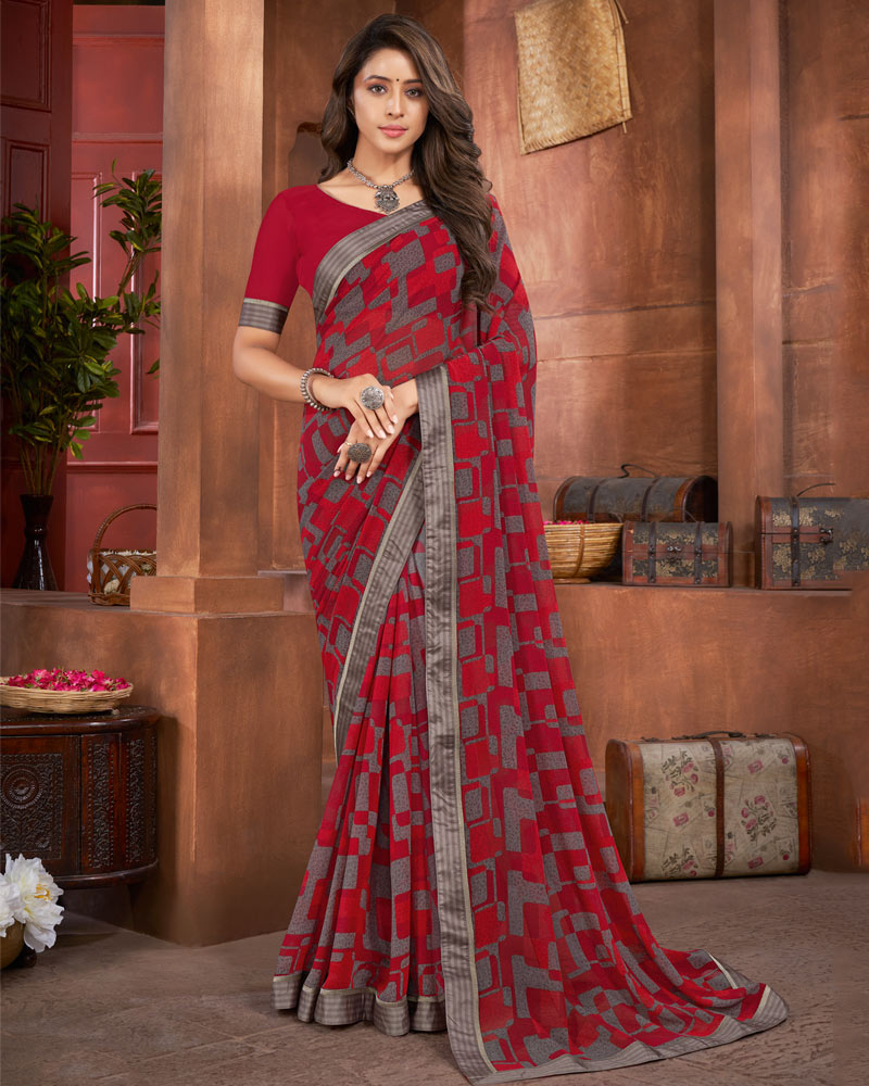 Vishal Prints Dark Red Printed Georgette Saree With Fancy Border