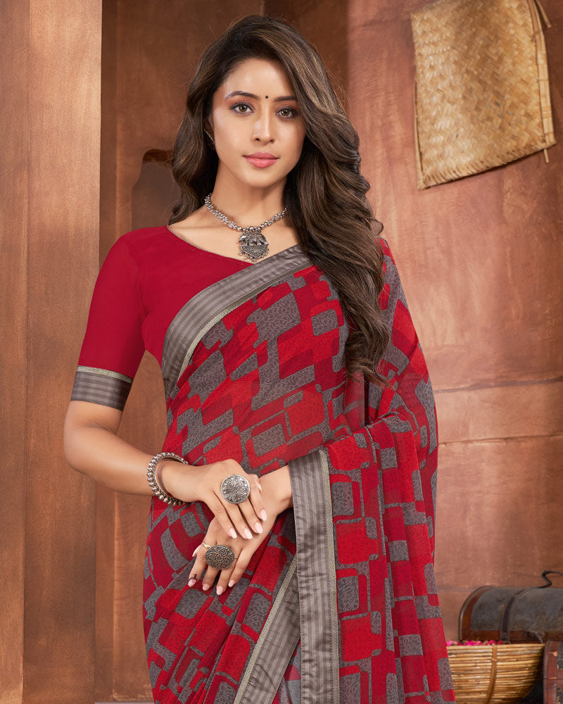 Vishal Prints Dark Red Printed Georgette Saree With Fancy Border