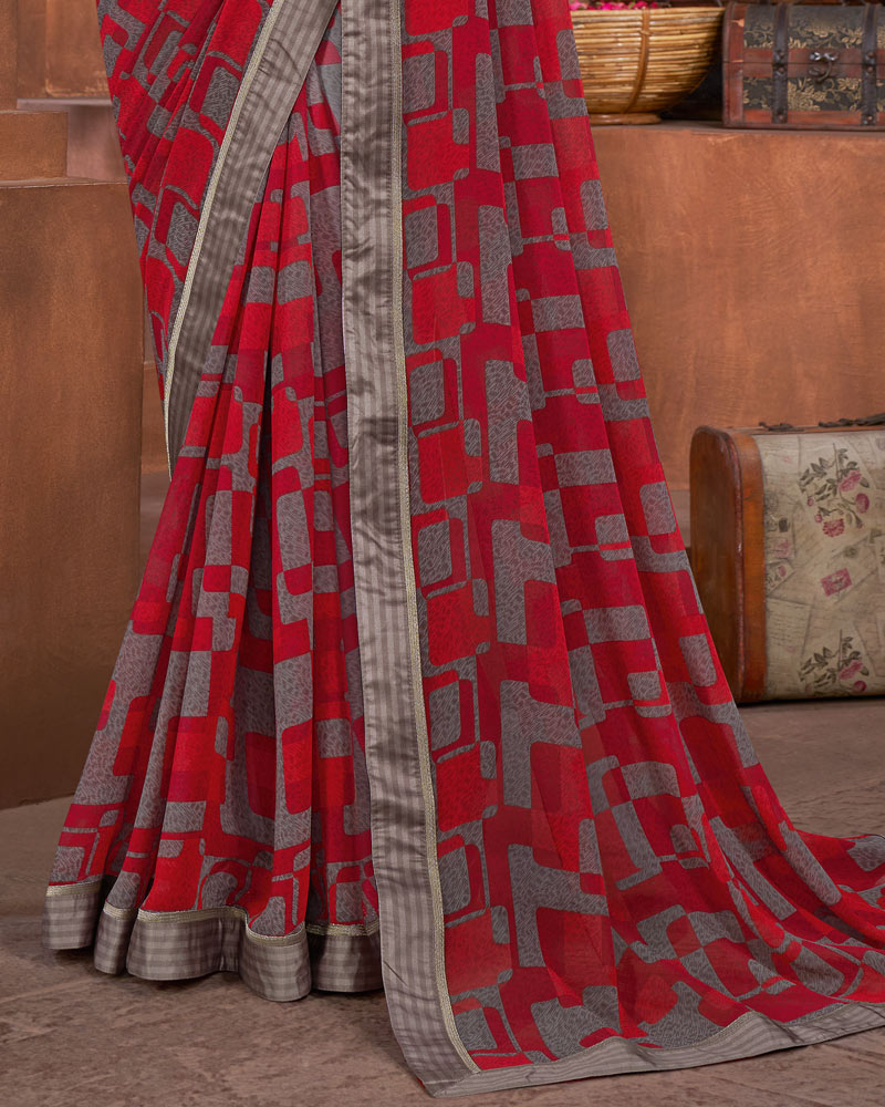 Vishal Prints Dark Red Printed Georgette Saree With Fancy Border