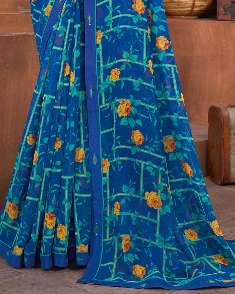 Vishal Prints Dark Blue Printed Georgette Saree With Fancy Border