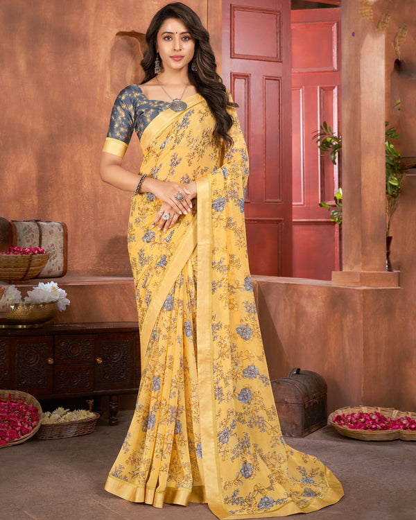 Vishal Prints Light Mustard Printed Georgette Saree With Fancy Border