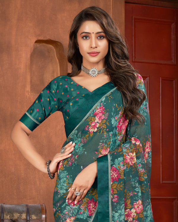 Vishal Prints Dark Rama Green Printed Georgette Saree With Fancy Border