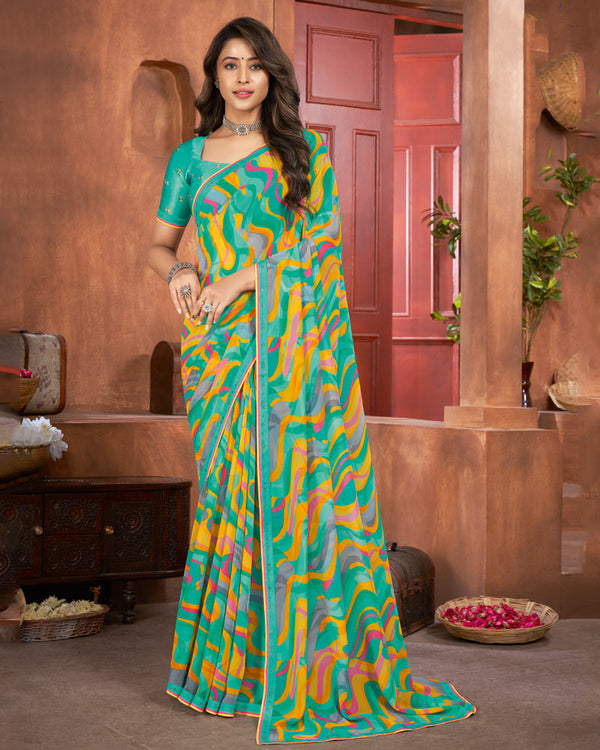 Vishal Prints Turquoise Blue Printed Georgette Saree With Fancy Border