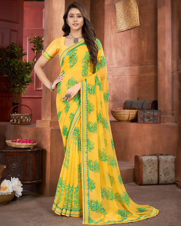 Vishal Prints Bright Yellow Printed Georgette Saree With Fancy Border