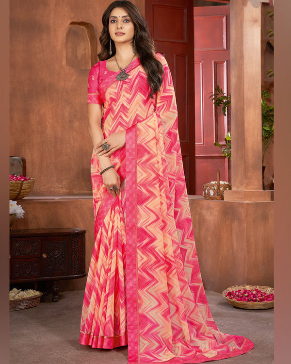 Vishal Prints Watermelon Pink Printed Georgette Saree With Fancy Border